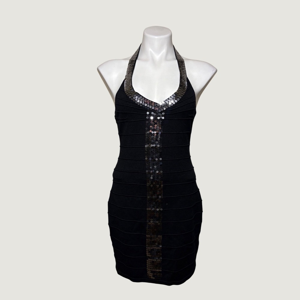Y2K Bongo Black Sequin Halter Bodycon Bandage Mini Dress #15